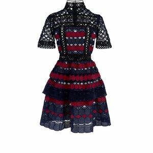 NWOT Self Portrait Hexagonal Guipure Lace Mini Dress (Navy / Burgundy) Sz US2